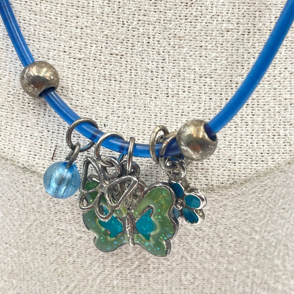 Vintage Y2K Blue Rubber Cord Necklace Butterfly Flower Charms Enamel Goth Grunge